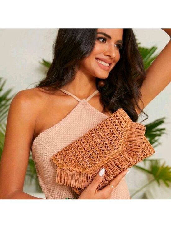 Handbags - Tan Woven Clutch Elegant
